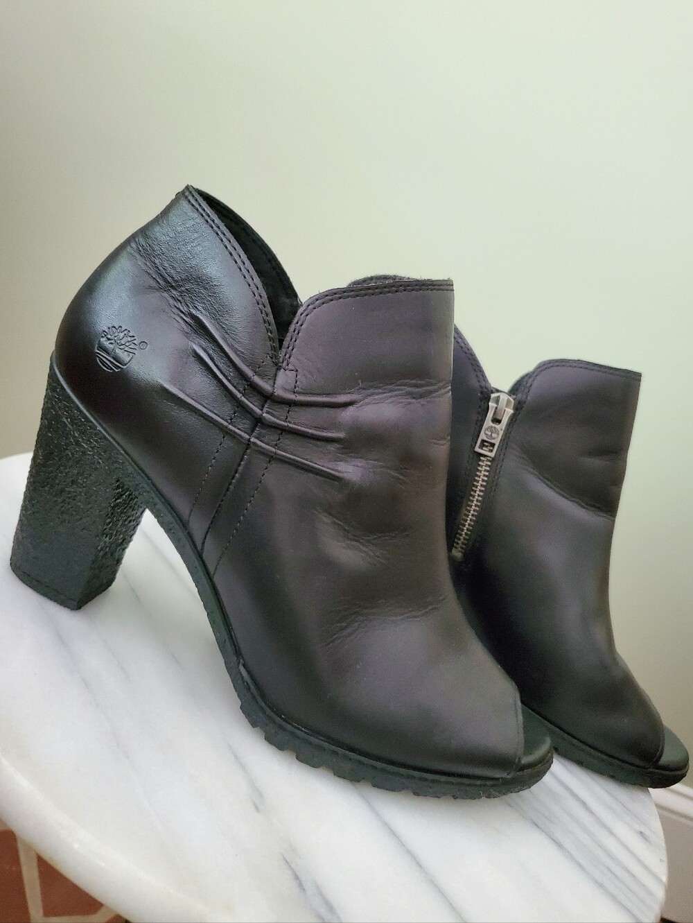 Timberland Earthkeepers Glancy Ruched Black Leather Peep Toe Booties Women's 10